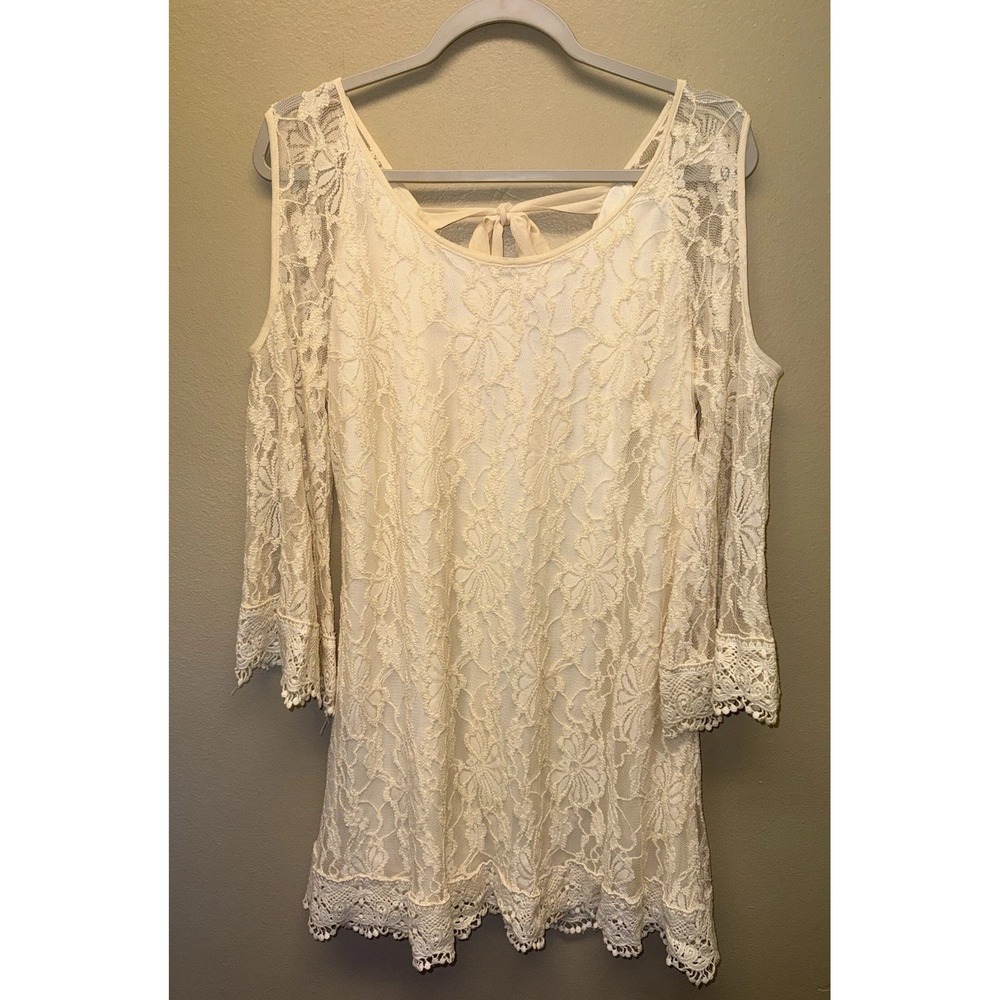 A'REVE Dress Lace Cold Shoulder Mini Bohemian Romantic Whimsy Cream XL
